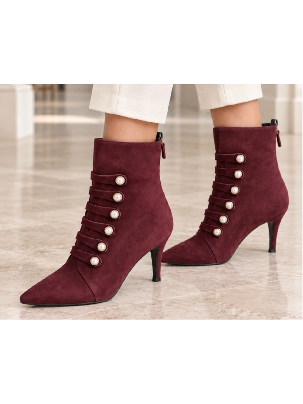 Belle Poque Burgundy Pearl Embellished Heeled Boots Size 8/38
